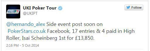 Il Twitt dell'UKIPT che annuncia la vittoria di Scheinberg