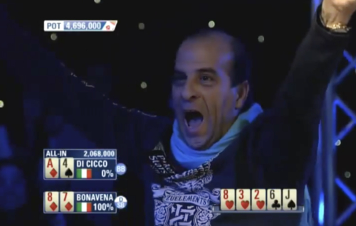 L'urlo di Salvatore subito dopo l'ultimo river dell'EPT Praga del 2008