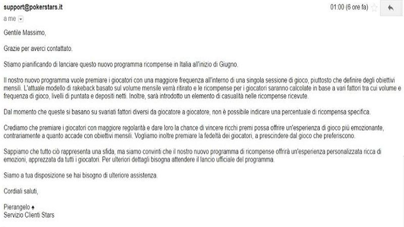  La mail di risposta ricevuta da Massimo