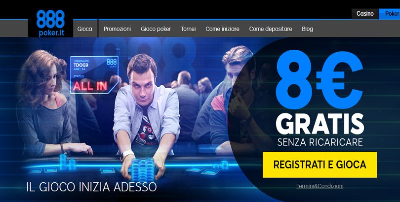 Con 888poker inizia subito a giocare alla grande, con 8 euro gratis alla registrazione
