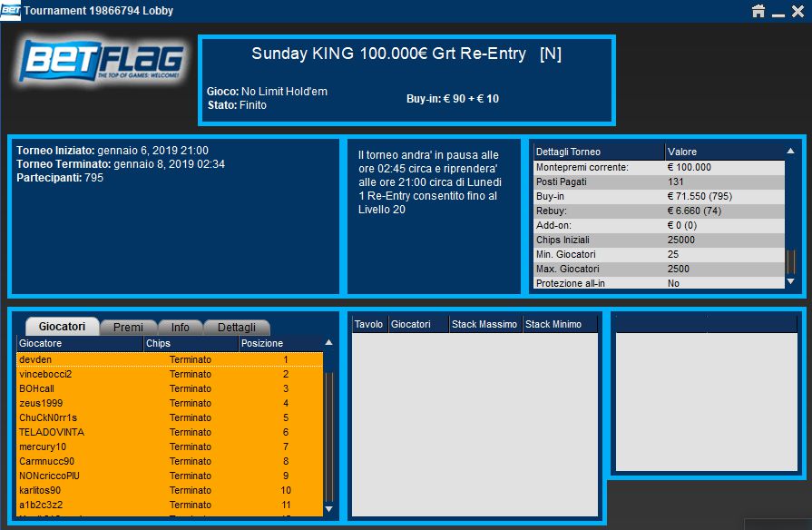 La lobby del torneo Sunday King