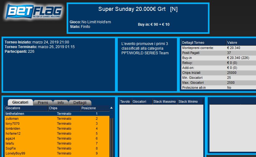 La lobby del Super Sunday (BetFlag Poker)