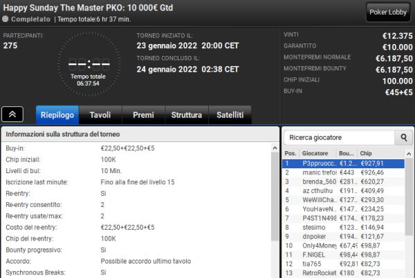 happysunday partypoker 23gennaio